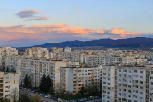 aerial view of brutalist blocks of flats